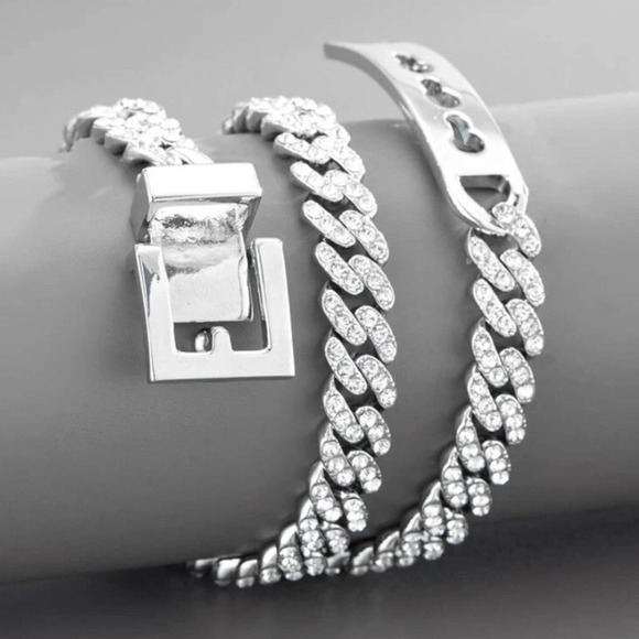 White GP Iced Out Rhinestone Buckle Choker Necklace - Picture 3 of 4